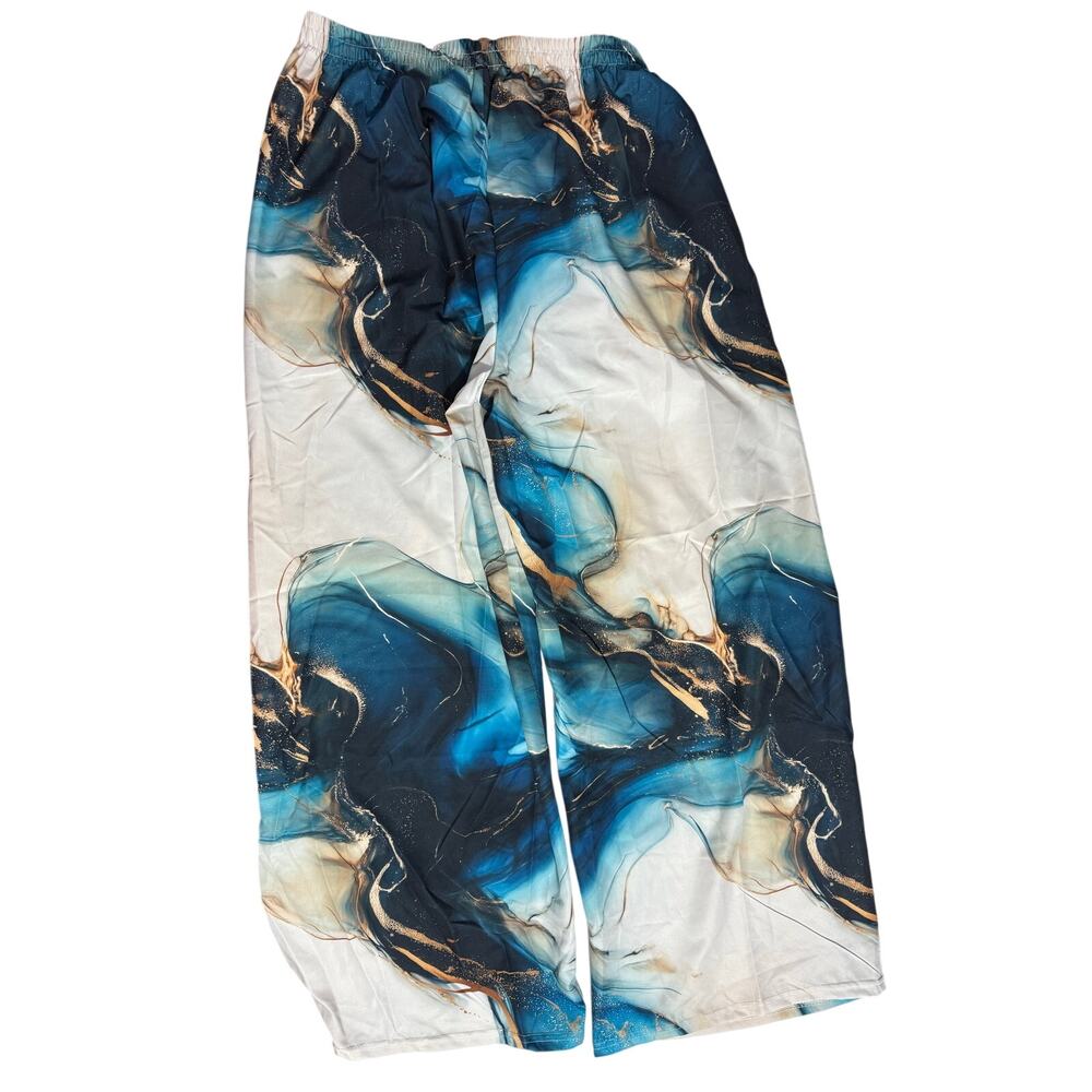 Modern Art Print Blue and White Baggy Dress Pants Size 2XL